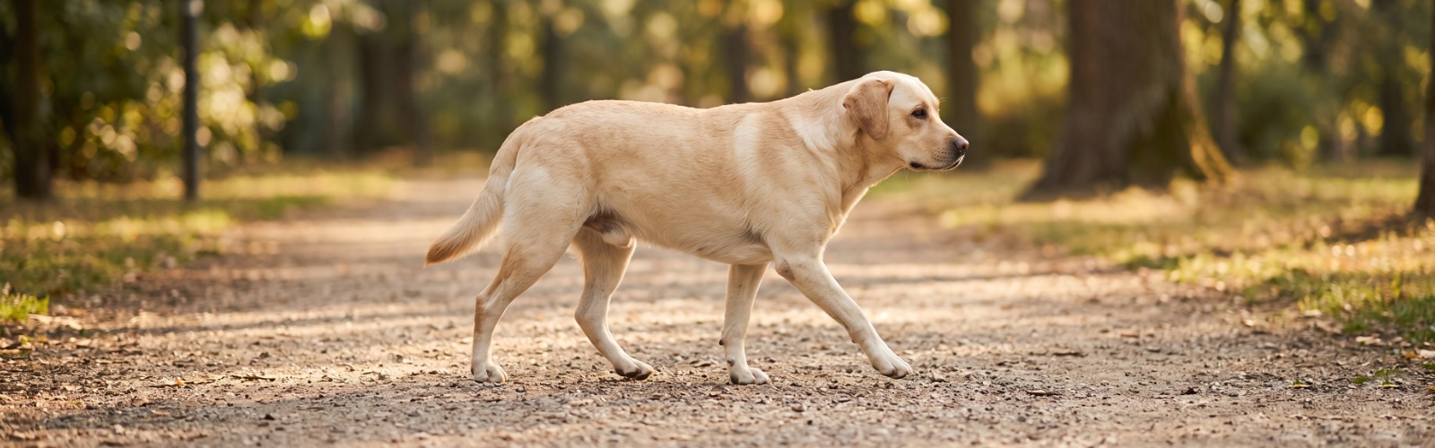 Dog mid-stride, walking